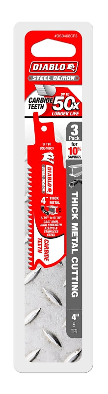 Diablo DS0408CF3 Series Reciprocating Saw Blade, Applicable Materials: Metal, 4 in L, 8 TPI, Carbide Cutting Edge, 3/PK