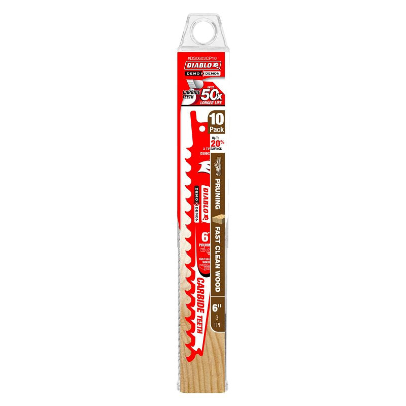 Diablo Demo Demon DS0603CP10 Reciprocating Saw Blade, Applicable Materials: Clean Wood, 1 in W, 6 in L, 3 TPI, 10/PK