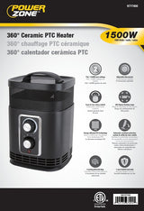 PowerZone PTC-156 Ceramic PTC Heater, 12.5 A, 120 V, 750 to 1500 W, 1500 W Heating, 2-Heating Stage, Black