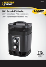 PowerZone PTC-156 Ceramic PTC Heater, 12.5 A, 120 V, 750 to 1500 W, 1500 W Heating, 2-Heating Stage, Black