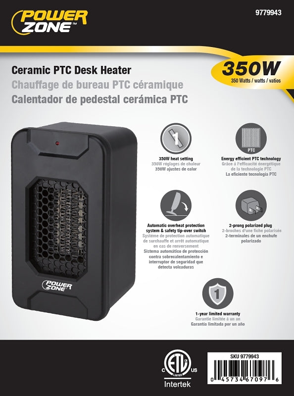 PowerZone HT1193 Ceramic PTC Desk Heater, 2.92 A, 120 V, 350 W, 350 W Heating, 1-Heating Stage, Black
