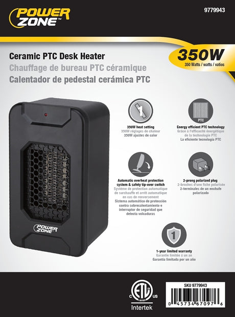 PowerZone HT1193 Ceramic PTC Desk Heater, 2.92 A, 120 V, 350 W, 350 W Heating, 1-Heating Stage, Black