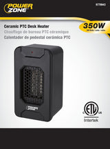 PowerZone HT1193 Ceramic PTC Desk Heater, 2.92 A, 120 V, 350 W, 350 W Heating, 1-Heating Stage, Black