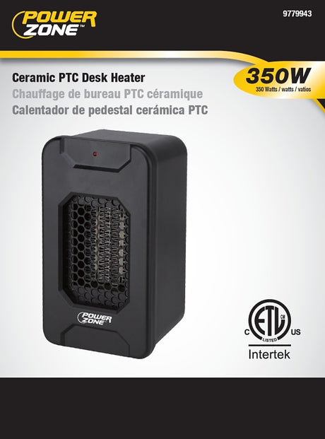 PowerZone HT1193 Ceramic PTC Desk Heater, 2.92 A, 120 V, 350 W, 350 W Heating, 1-Heating Stage, Black