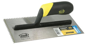 M-D 49116 Premium Notch Trowel, 12 in L, 4-1/2 in W, V Notch, Ergonomic Handle, Black/Yellow Handle