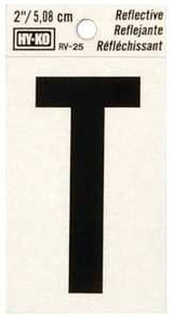 Hy-Ko RV-25/T Reflective Letter, 1-1/2 in W x 3 in H Dimensions, Character: T, 2 in H Character, Black Character, Vinyl, Pack of 10