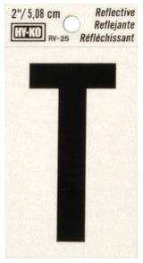 Hy-Ko RV-25/T Reflective Letter, 1-1/2 in W x 3 in H Dimensions, Character: T, 2 in H Character, Black Character, Vinyl, Pack of 10