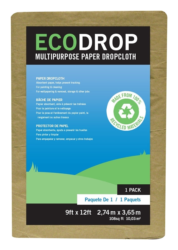 Trimaco ECODROP 02101 Drop Cloth, 12 ft L, 9 ft W, Paper, Tan