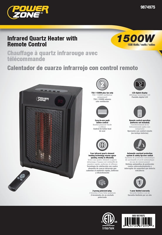 PowerZone HT1195 Infrared Quartz Heater with Remote Control, 12.5 A, 120 V, 750/1500 W, 5118.2 Btu, Black