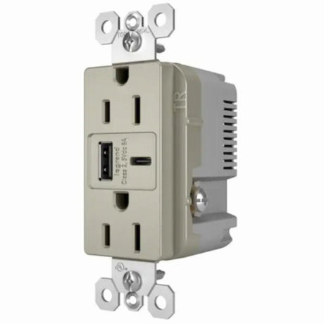 Legrand radiant R26USBAC6NICCV4 USB Outlet, 15 A, 125 V, Type A, C USB, NEMA: NEMA 5-15R, Nickel