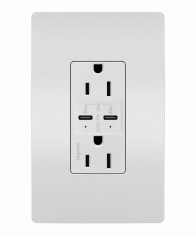 Legrand radiant Series R26USBPDWCC6 Outlet, 2-Pole, 15 A, 125 V, 2-USB Port, USB-C USB, NEMA: NEMA 5-15R