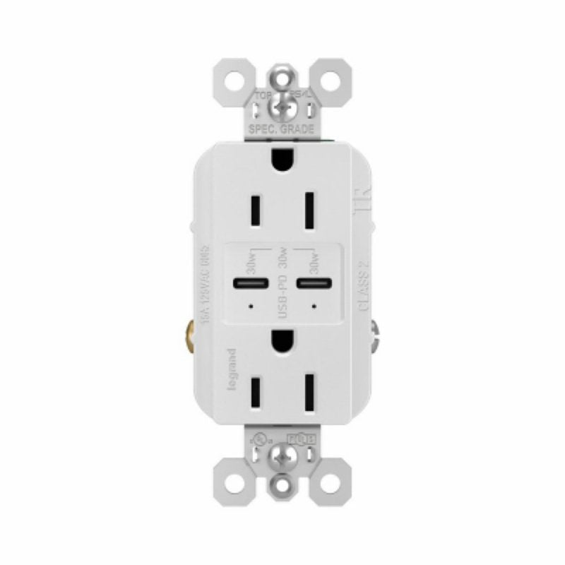 Legrand radiant Series R26USBPDWCC6 Outlet, 2-Pole, 15 A, 125 V, 2-USB Port, USB-C USB, NEMA: NEMA 5-15R