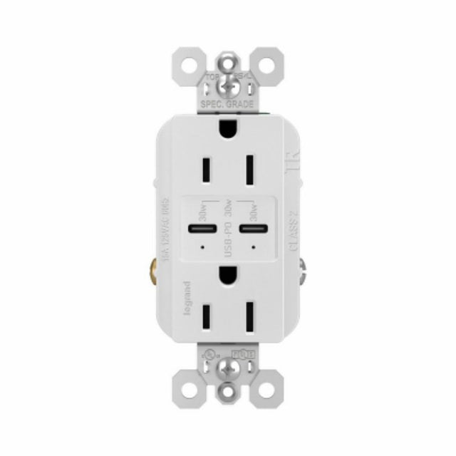 Legrand radiant Series R26USBPDWCC6 Outlet, 2-Pole, 15 A, 125 V, 2-USB Port, USB-C USB, NEMA: NEMA 5-15R