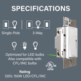 Legrand radiant Series RHL153PW Advanced Dimmer, 1.25 A, 120 V, 150 W, CFL, Incandescent, LED Lamp, 3-Way, White