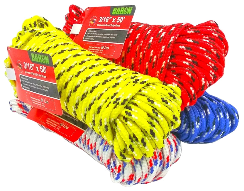 Baron 42607 Rope, 3/16 in Dia, 50 ft L, 244 lb Working Load, Polypropylene, Assorted