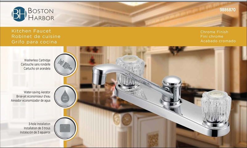 Boston Harbor GU-F8020002CP-LF Kitchen Faucet, 1.8 gpm, 3-Faucet Hole, Metal/Plastic, Chrome, Deck Mounting