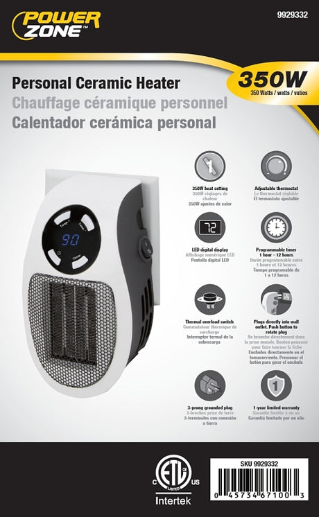 PowerZone MH-04 Ceramic Heater, 2.9 A, 120 V, 350 W, 2 -Heat Setting, White