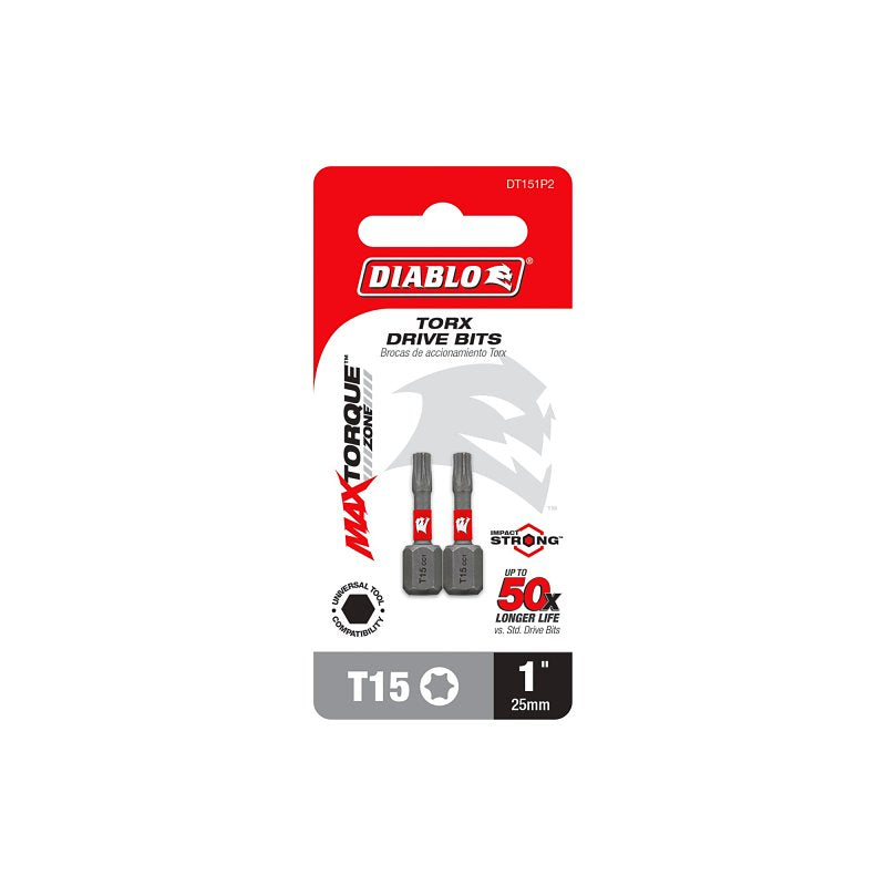 Diablo DT151P2 Drive Bit, #15 Drive, Torx Drive, 1/4 in Shank, Hex Shank, 1 in L