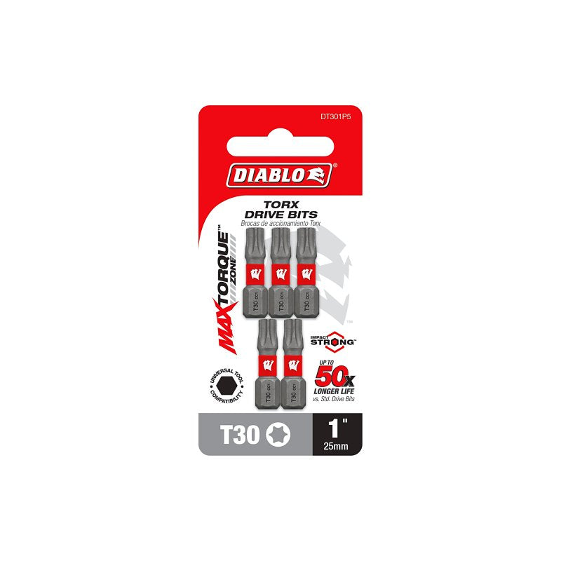 Diablo DT301P5 Screwdriver Insert Bit, #30 Drive, Torx Drive, 1 in L, 5/PK