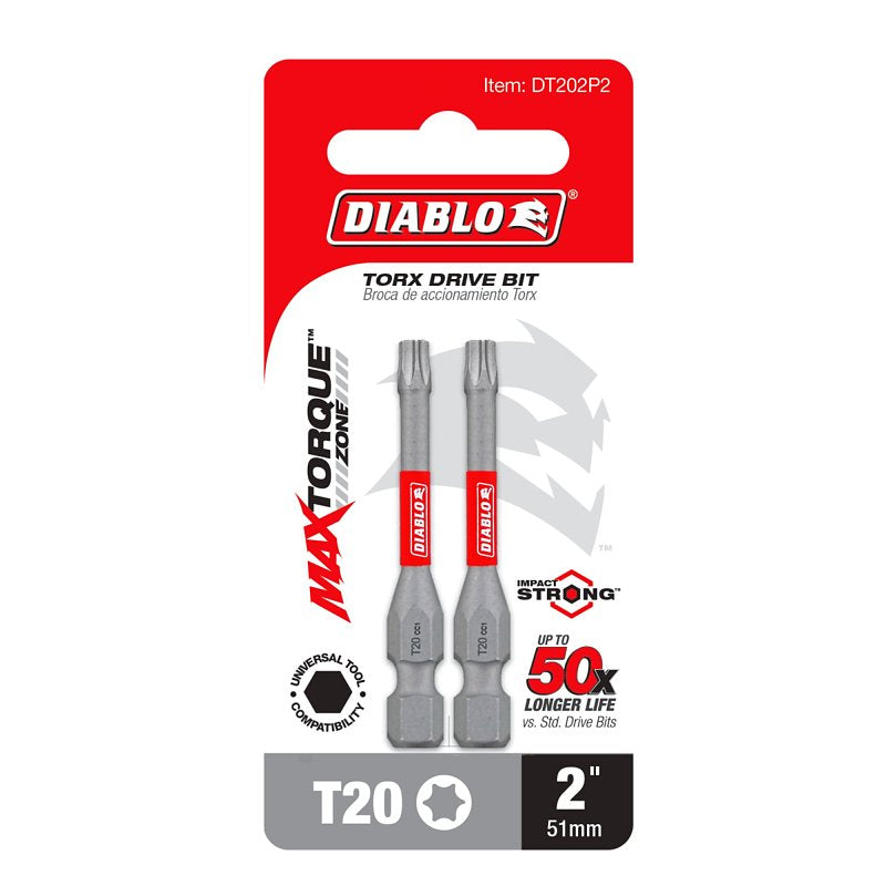 Diablo DT202P2 Drive Bit, #20 Drive, Torx Drive, 1/4 in Shank, Hex Shank, 2 in L