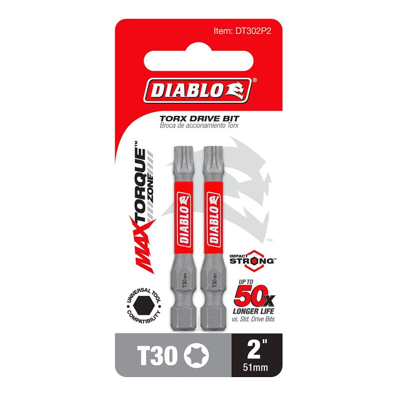 Diablo DT302P2 Drive Bit, #30 Drive, Torx Drive, 1/4 in Shank, Hex Shank, 2 in L