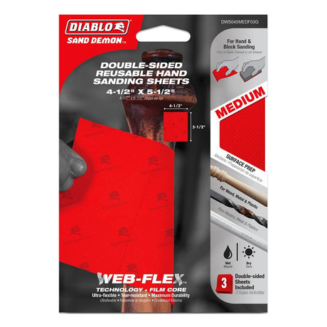 Diablo Sand Demon DWS045MEDF03G Reusable Hand Sanding Sheet, 5-1/2 in L, 4-1/2 in W, Medium, Aluminum Oxide Abrasive