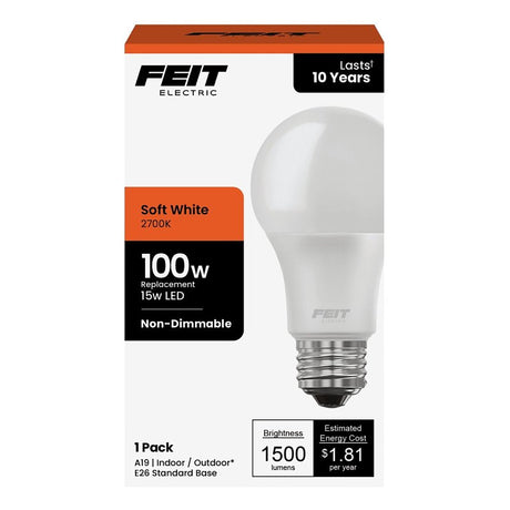 Feit Electric A1600/827/10KLED LED Bulb, General-Purpose, A19 Lamp, 100 W Equivalent, E26 Lamp Base, White
