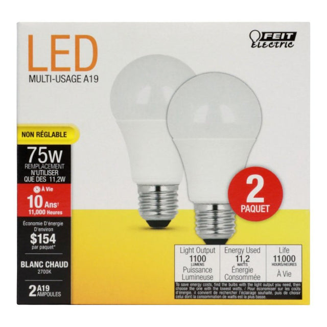 Feit Electric A1100/827/10KLED LED Lamp, General Purpose, 1100 Lumens, 11.2 W, A19 Lamp, 75 W Equivalent, E26 Lamp Base