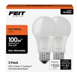 Feit Electric A1600/827/10KLED/2 LED Bulb, General-Purpose, A19 Lamp, 100 W Equivalent, E26 Medium Lamp Base, White