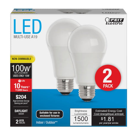 Feit Electric A1600/850/10KLED/2 LED Bulb, General-Purpose, A19 Lamp, 100 W Equivalent, E26 Medium Lamp Base, White