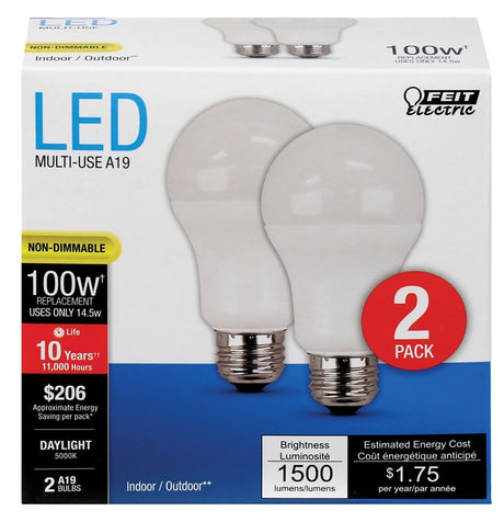 Feit Electric A1600/850/10KLED/2 LED Bulb, General-Purpose, A19 Lamp, 100 W Equivalent, E26 Medium Lamp Base, White