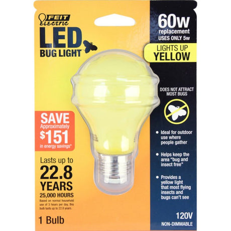 Feit Electric A19/BUG/LED LED Bug Light, General-Purpose, A19 Lamp, E26 Medium Lamp Base, Non-Dimmable, Yellow, Yellow