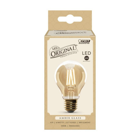 Feit Electric AT19/VG/LED Bulb, Decorative 4W, 60W Replacement AT19 E26 Dimmable Straight Filament Amber Glass Vintage Edison LED Light Bulb, Soft White., Pack of 4
