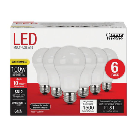 Feit Electric A1600/830/10KLED/6 LED Bulb, General Purpose, 1500 Lumens, 15 W, A19 Lamp, 100 W Equivalent, E26 Lamp Base