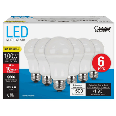 Feit Electric A1600/850/10KLED/6 LED Bulb, General-Purpose, A19 Lamp, 100 W Equivalent, E26 Medium Lamp Base, Frosted