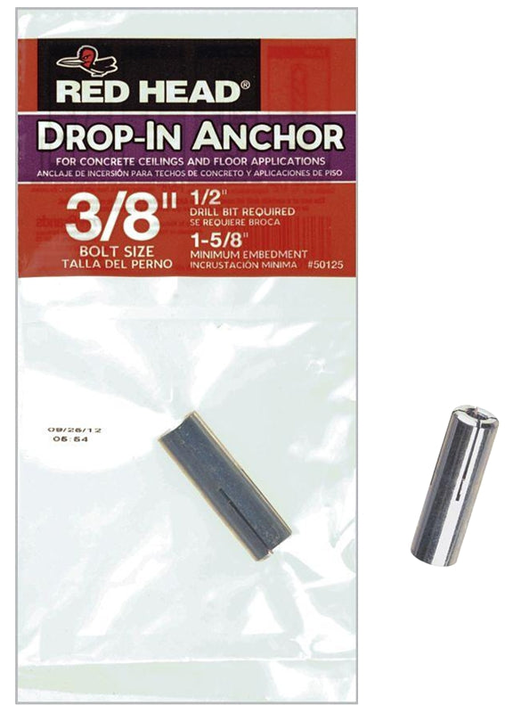 Red Head 50125 Drop-In Anchor, 3/8 in Screw, Steel, Zinc, Pack of 15