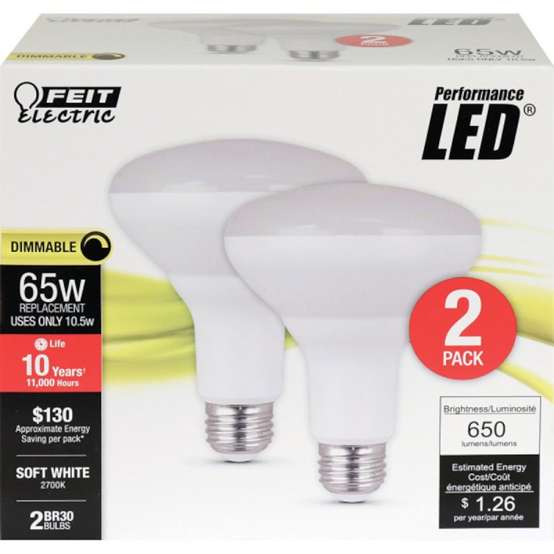 Feit Electric BR30DM/10KLED/2 LED Bulb, Flood/Spotlight, BR30 Lamp, 65 W Equivalent, E26 Medium Lamp Base, Dimmable