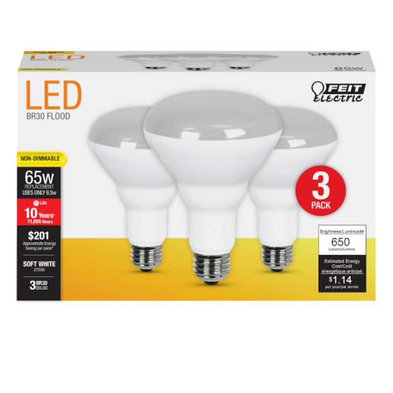 Feit Electric BR30/10KLED/3 LED Bulb, Flood/Spotlight, BR30 Lamp, 65 W Equivalent, E26 Medium Lamp Base, Non-Dimmable
