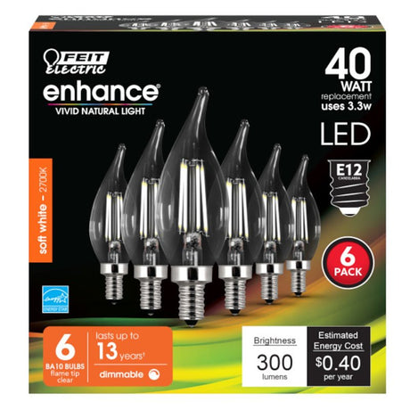 Feit Electric CFC40/927CA/FIL/6 LED Bulb, Decorative, 300 Lumens, 3.3 W, Flame Tip Lamp, 40 W Equivalent, Soft White, Pack of 4