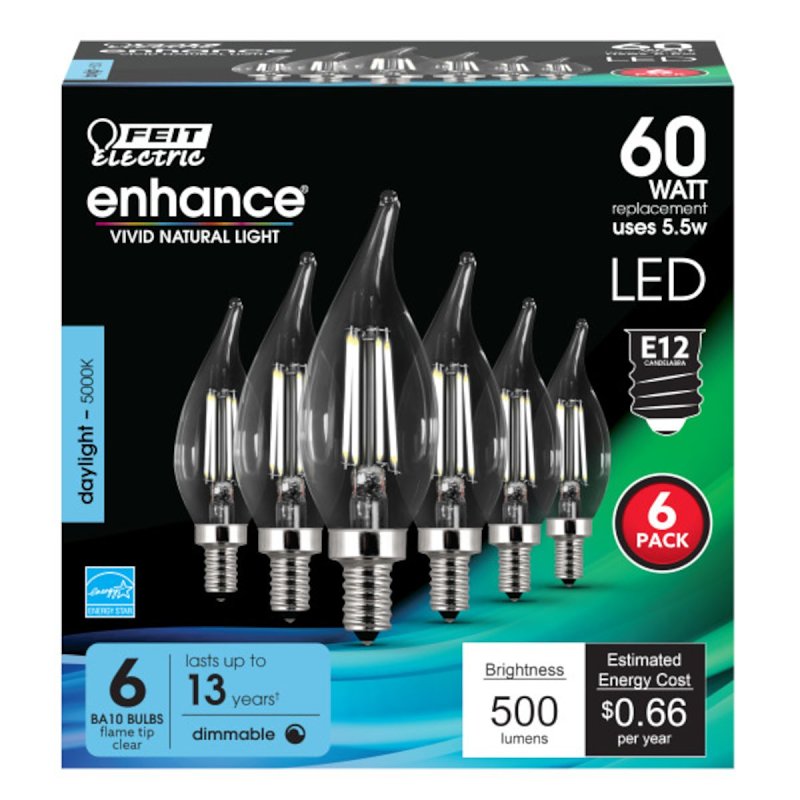 Feit Electric CFC60/950CA/FIL/6 Filament LED Bulb, Decorative, BA10 Lamp, 60 W Equivalent, E12 Candelabra Lamp Base, Pack of 4