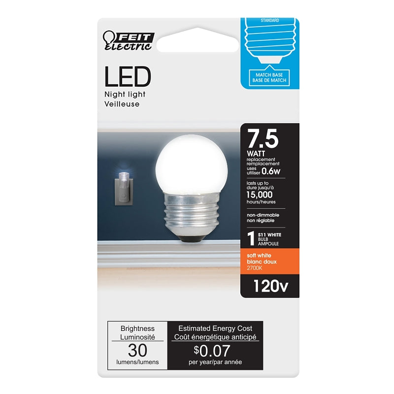 Feit Electric BP71/2S/W/LED LED Night Light Bulb, 0.6 W, E26 Medium Lamp Base, S11 Lamp, Soft White, 30 Lumens