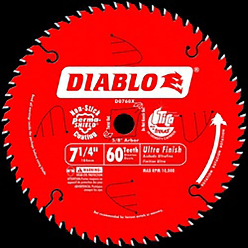 Diablo D0760A Circular Saw Blade, 7-1/4 in Dia, 5/8 in Arbor, 60-Teeth, Carbide Cutting Edge, Pack of 10