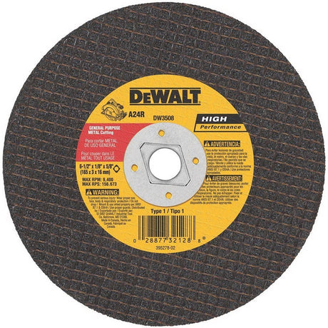 DEWALT DW3508 Abrasive Saw Blade, 6-1/2 in Dia, 1/8 in Thick, 5/8 in Arbor, Aluminum Oxide Abrasive