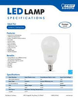 Feit Electric BPA1540C/950CA/2 LED Bulb, General-Purpose, A15 Lamp, 40 W Equivalent, E12 Candelabra Lamp Base, Dimmable
