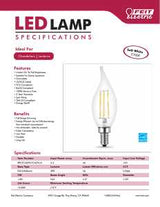Feit Electric BPCFC40/927CA/FIL LED Bulb, Decorative, 300 Lumens, 3.3 W, Flame Tip Lamp, 40 W Equivalent, E12 Lamp Base