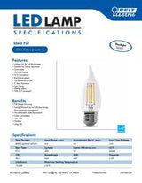 Feit Electric BPEFC40/950CA/FIL LED Bulb, Decorative, 300 Lumens, 3.3 W, Flame Tip Lamp, 40 W Equivalent, E26 Lamp Base