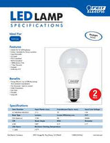 Feit Electric A1100/850/10KLED/2 LED Lamp, General Purpose, A19 Lamp, 75 W Equivalent, E26 Lamp Base, Daylight Light