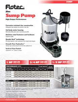 Flotec FPZT7350 Sump Pump, 7.3 A, 115 V, 0.5 hp, 1-1/2 in Outlet, 23 ft Max Lift Head, 1380 gph, Zinc Housing Material