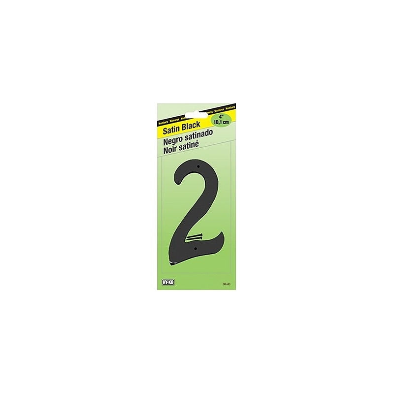 Hy-Ko BK-40 Series BK-40/2 House Number, Character: 2, 4 in H Character, Black Character, Zinc, Pack of 5