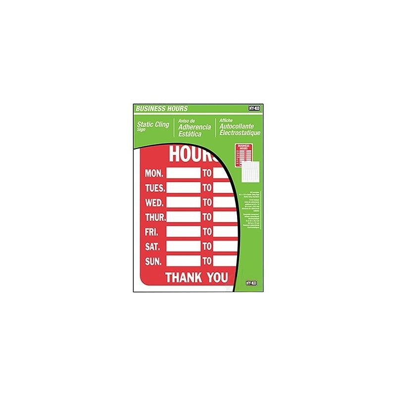 Hy-Ko KIT-603 Static Cling Kit, BUSINESS HOURS, Red Legend, White Background, Plastic, 12 in H x 8-1/2 in W Dimensions, Pack of 3